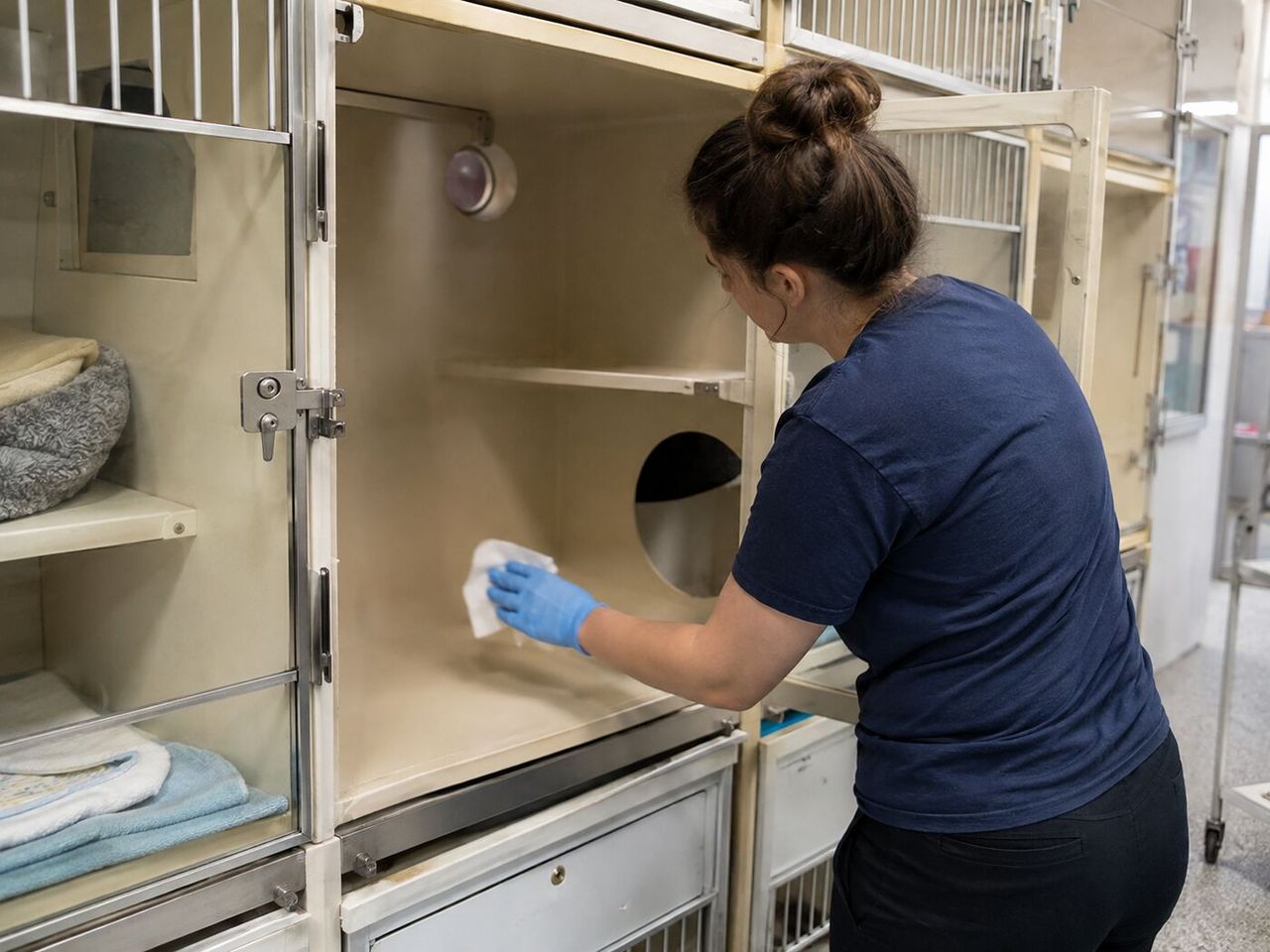 Cage housing gets the full strip-and-treat between residents